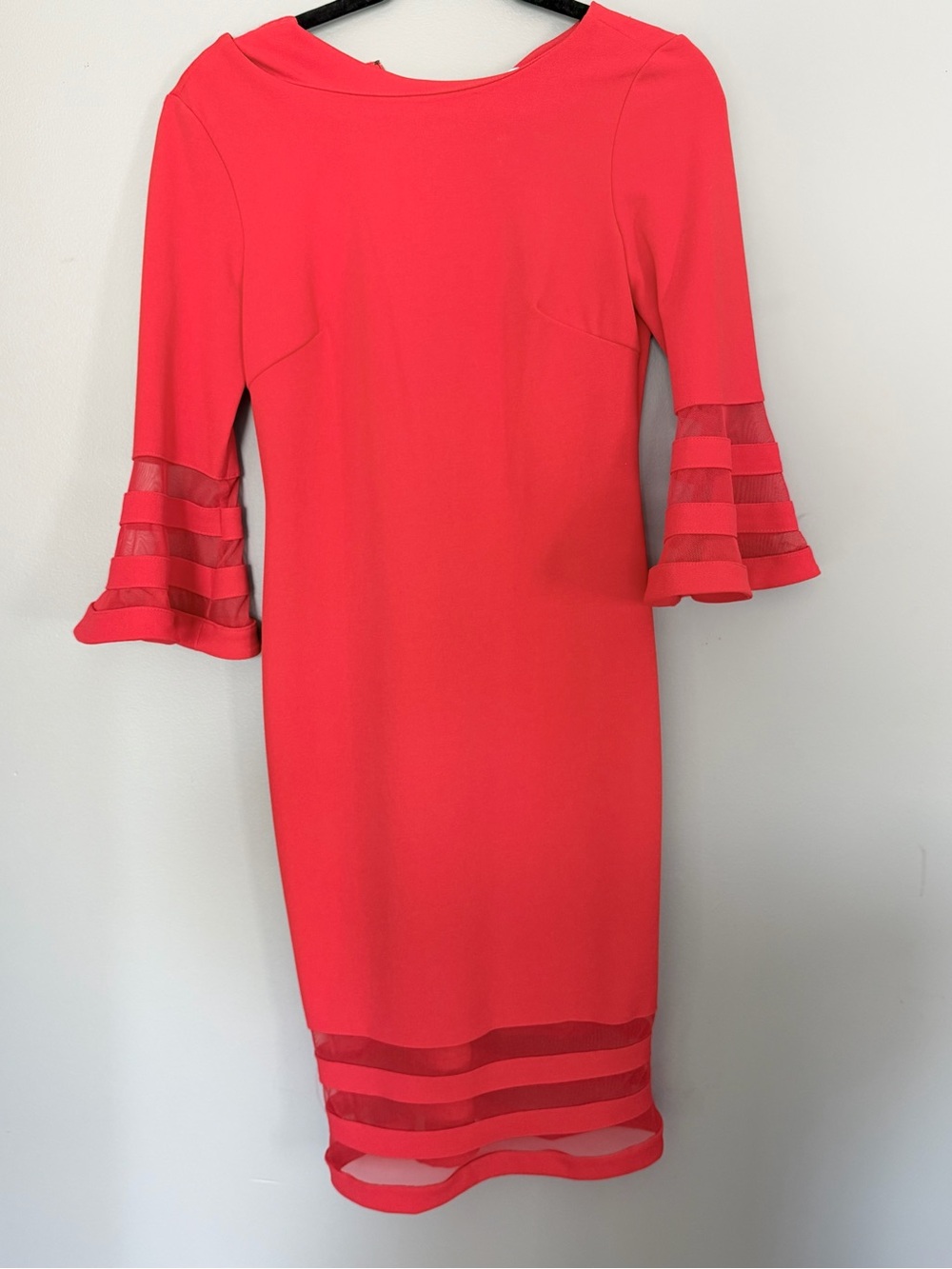 Calvin Klein Coral Midi Sheath Dress with Mesh Stripe Detail